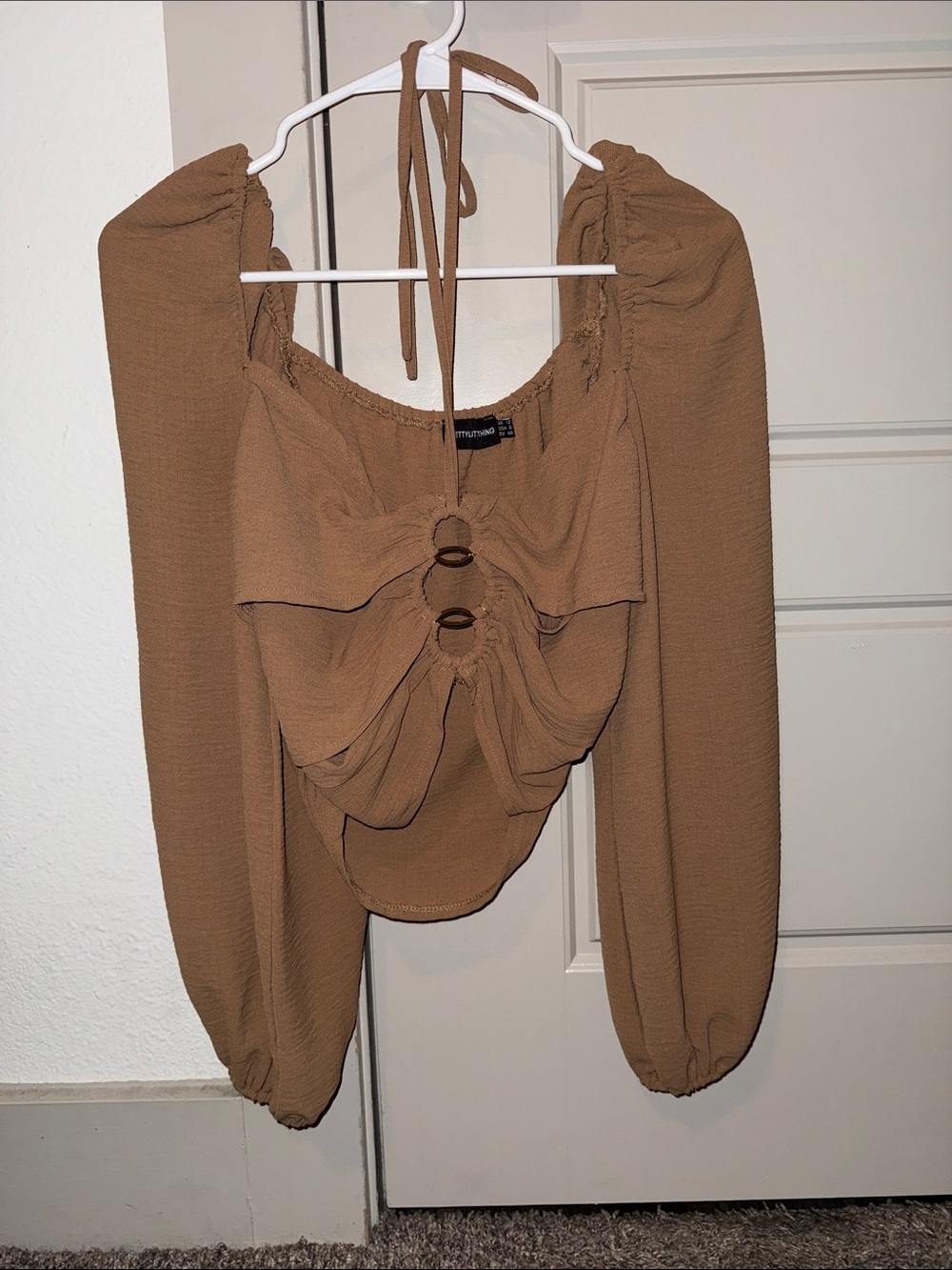 Brown Long-Sleeve Tie-Back Blouse